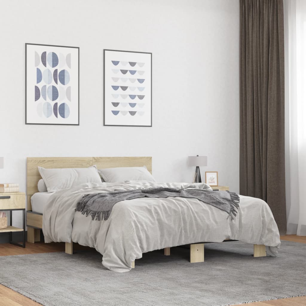 sonoma tölgyszínű szerelt fa és fém ágykeret 135 x 190 cm