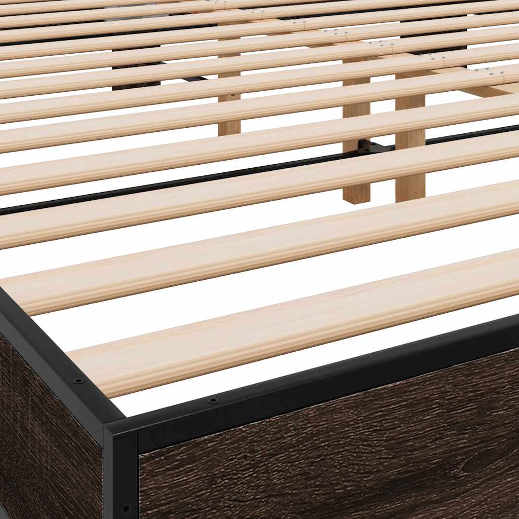 barna tölgyszínű szerelt fa és fém ágykeret 200 x 200 cm