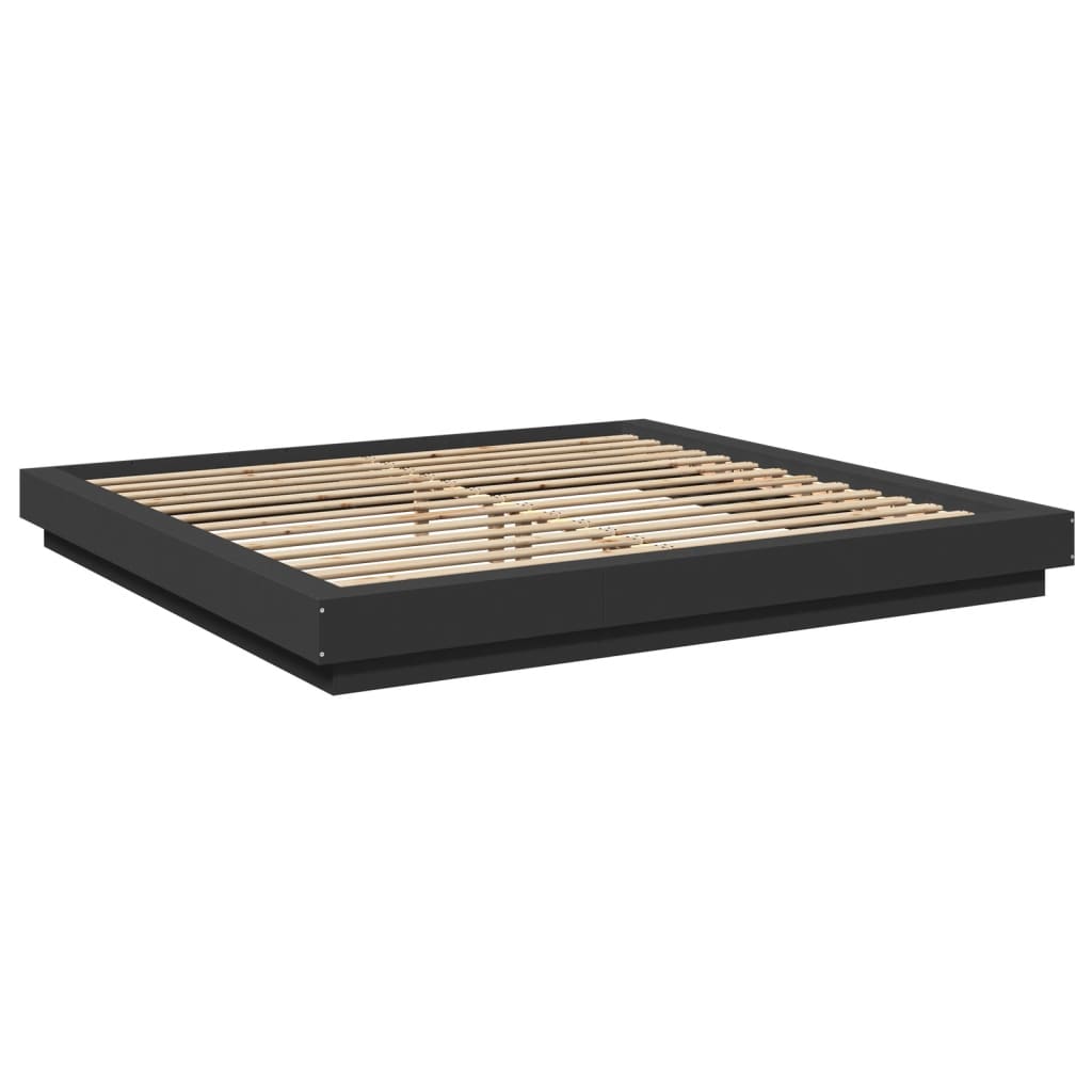 fekete szerelt fa ágykeret LED-világítással 200 x 200 cm