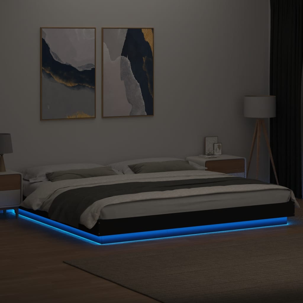 fekete szerelt fa ágykeret LED-világítással 200 x 200 cm