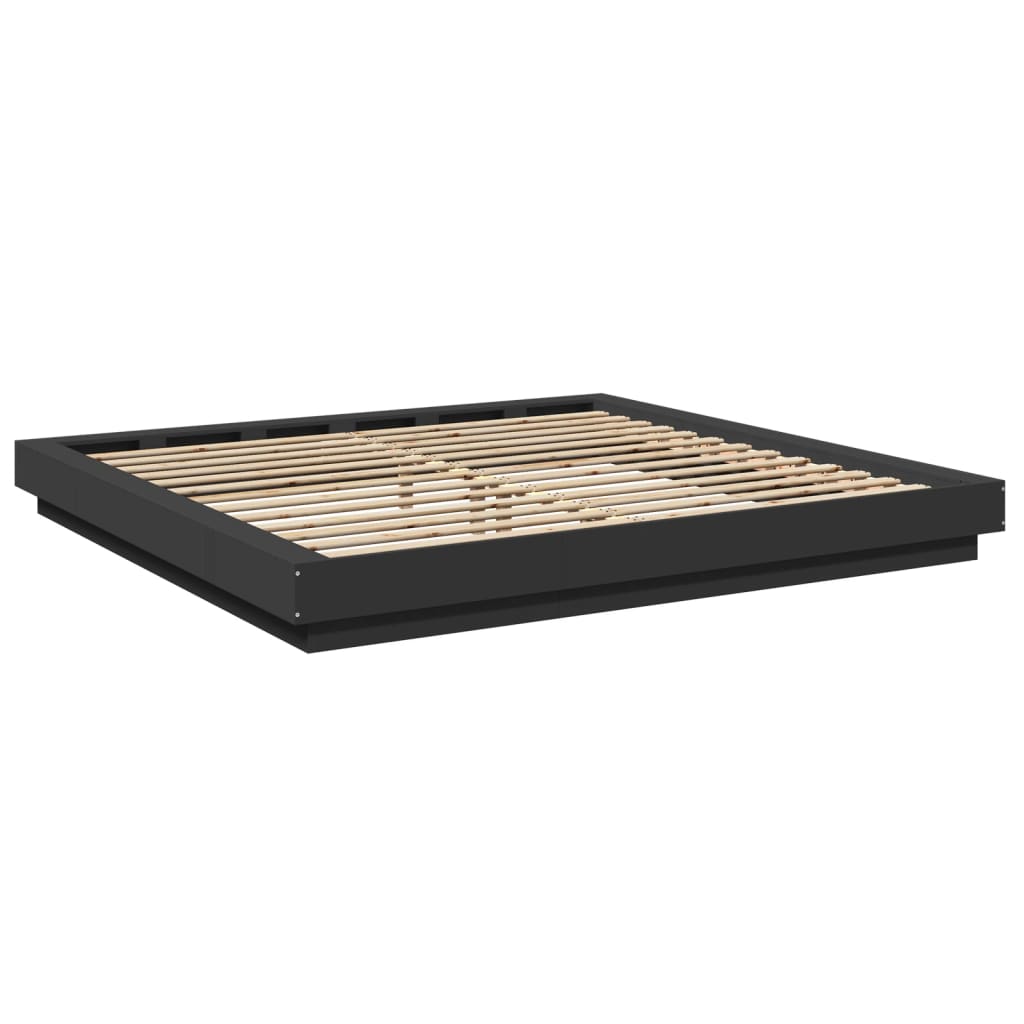 fekete szerelt fa ágykeret LED-világítással 200 x 200 cm