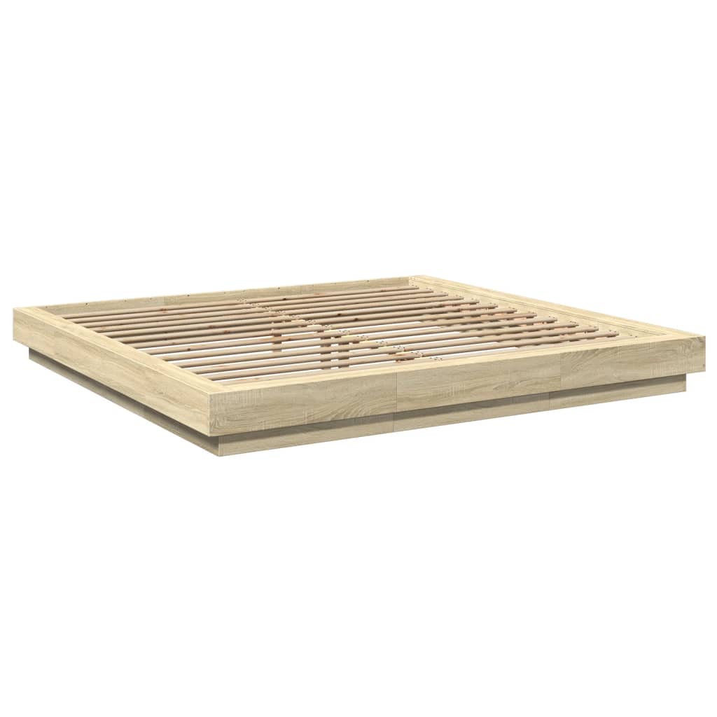 sonoma tölgy színű szerelt fa ágykeret LED-del 200 x 200 cm