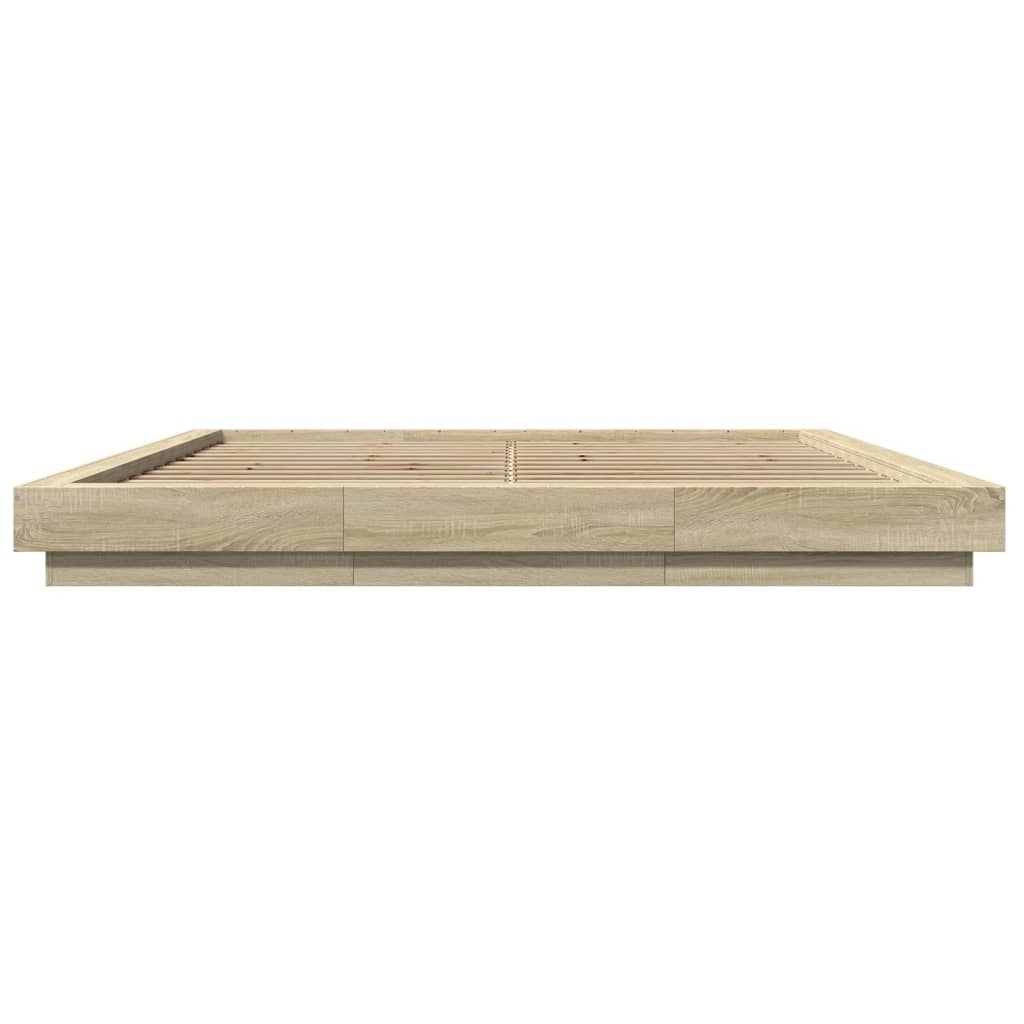 sonoma tölgy színű szerelt fa ágykeret LED-del 200 x 200 cm