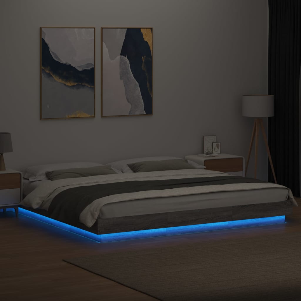szürke sonoma színű szerelt fa ágykeret LED-del 200x200 cm