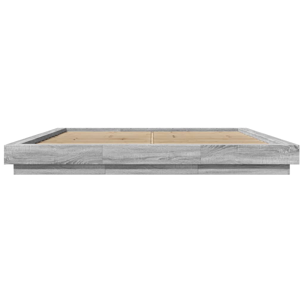 szürke sonoma színű szerelt fa ágykeret LED-del 200x200 cm
