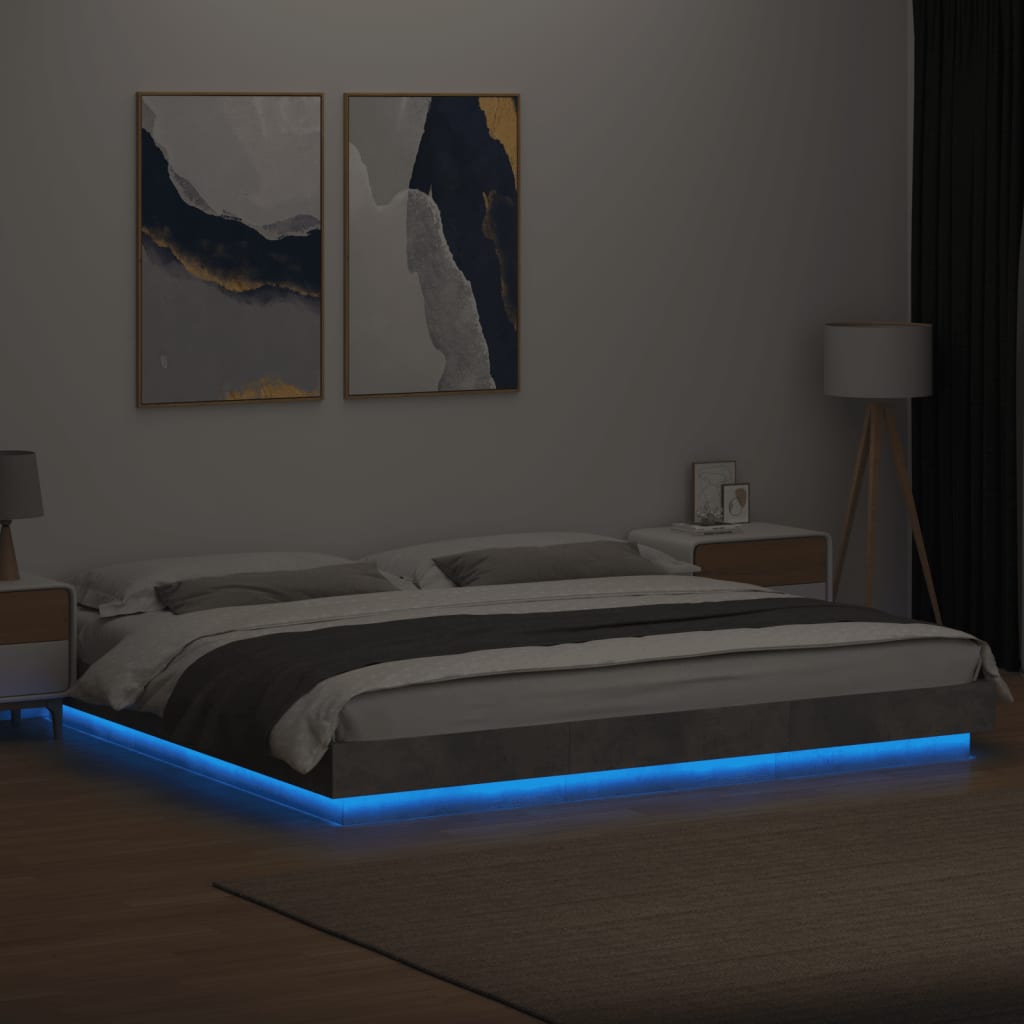 betonszürke szerelt fa ágykeret LED-del 180x200 cm