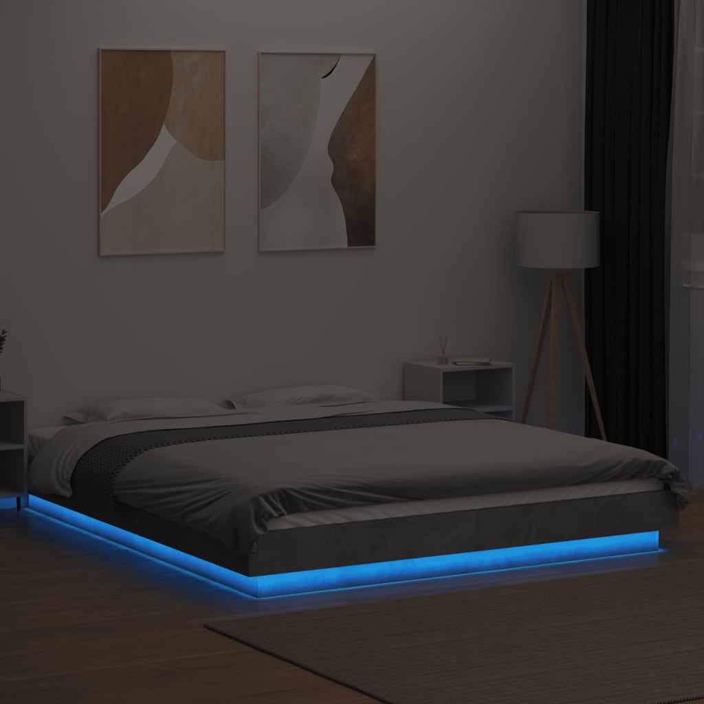 betonszürke szerelt fa ágykeret LED-del 150 x 200 cm