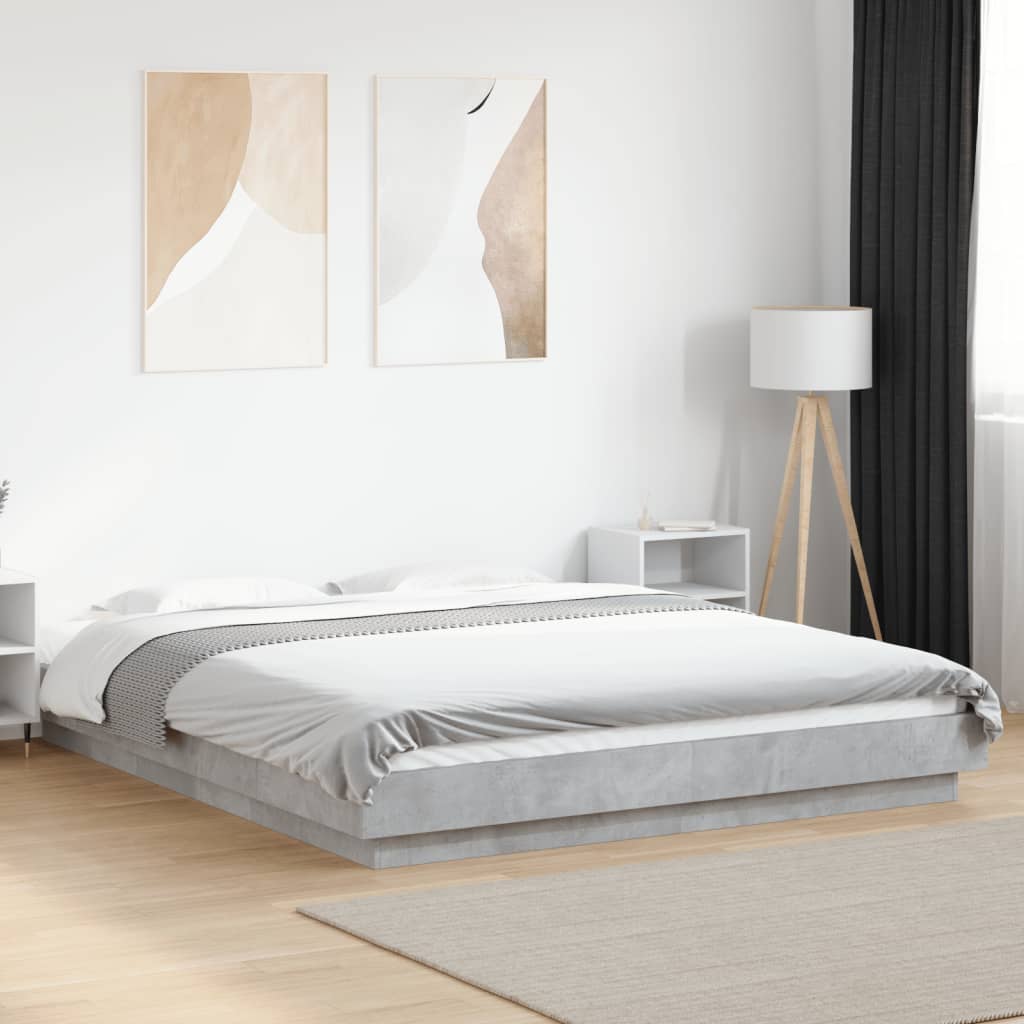 betonszürke szerelt fa ágykeret LED-del 150 x 200 cm