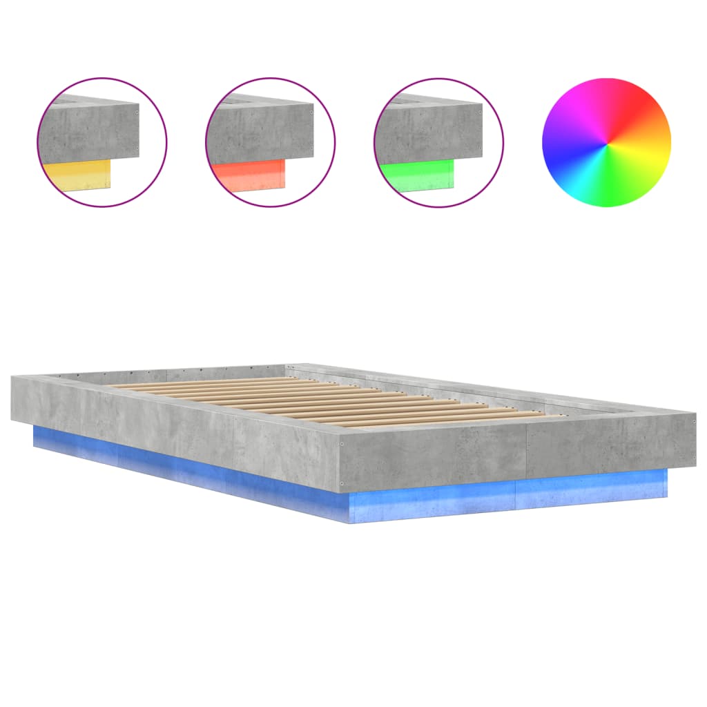 betonszürke szerelt fa ágykeret LED-del 100 x 200 cm