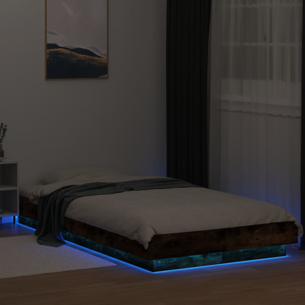 füstös tölgyszínű szerelt fa ágykeret LED-del 100 x 200 cm