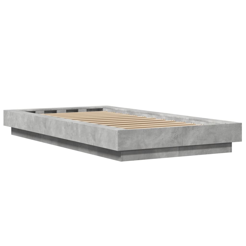 betonszürke szerelt fa ágykeret LED-del 90 x 200 cm