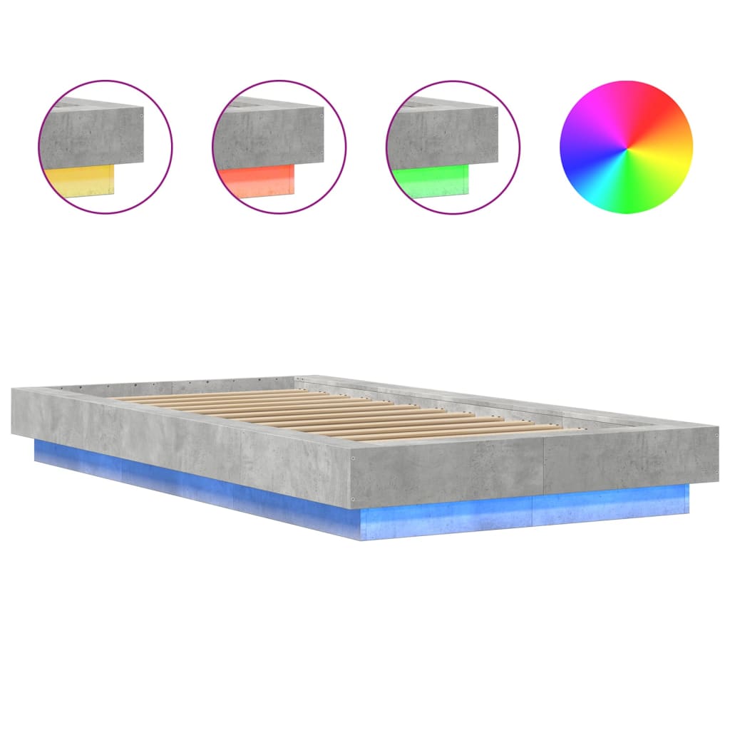 betonszürke szerelt fa ágykeret LED-del 90 x 200 cm