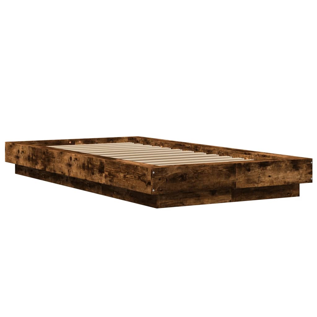 füstös tölgyszínű szerelt fa ágykeret LED-del 90 x 200 cm
