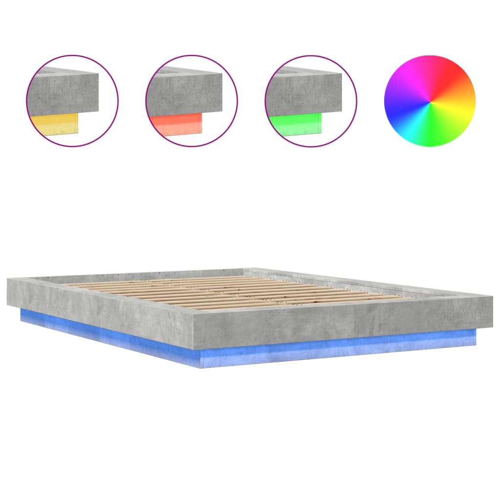betonszürke szerelt fa ágykeret LED-del 135 x 190 cm