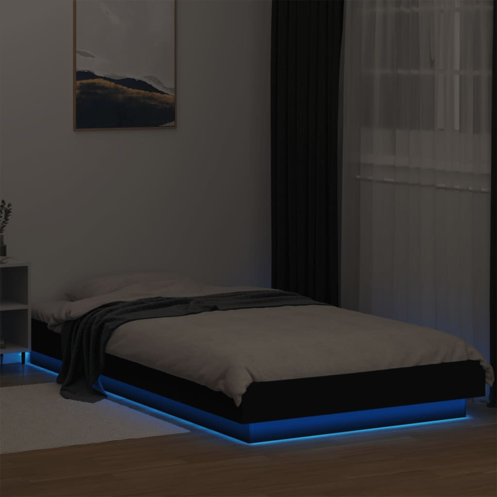 fekete szerelt fa ágykeret LED-világítással 90 x 190 cm