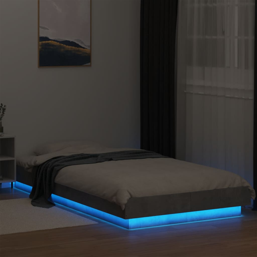 betonszürke szerelt fa ágykeret LED-del 90 x 190 cm