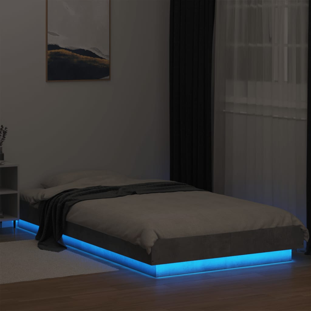 betonszürke szerelt fa ágykeret LED-del 75 x 190 cm