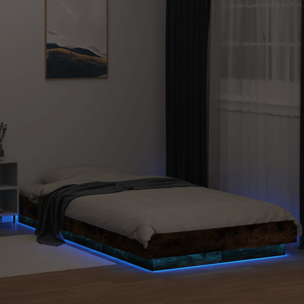 füstös tölgy színű szerelt fa ágykeret LED-del 75x190 cm