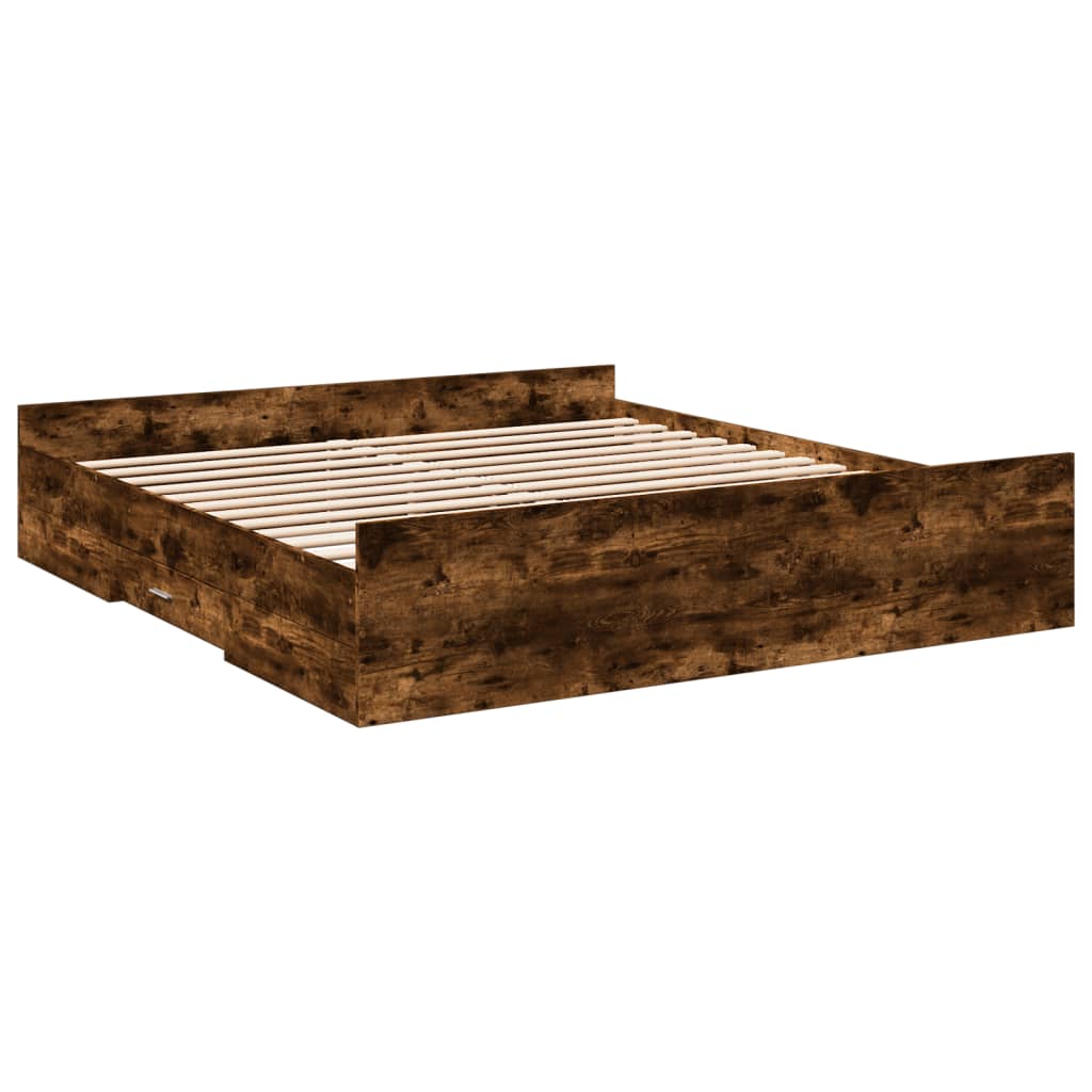 füstös tölgy színű szerelt fa ágykeret fiókokkal 200 x 200 cm