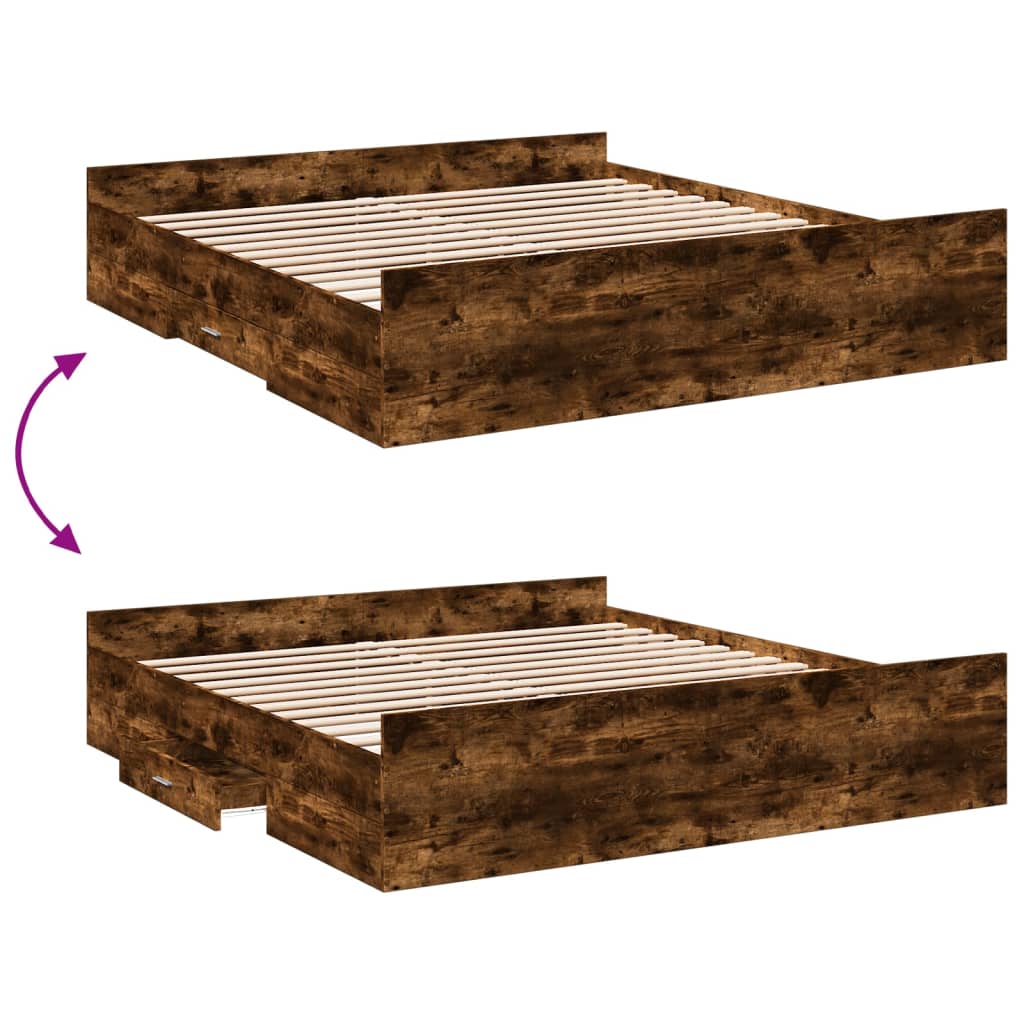 füstös tölgy színű szerelt fa ágykeret fiókokkal 200 x 200 cm