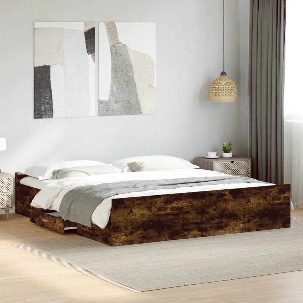 füstös tölgy színű szerelt fa ágykeret fiókokkal 200 x 200 cm