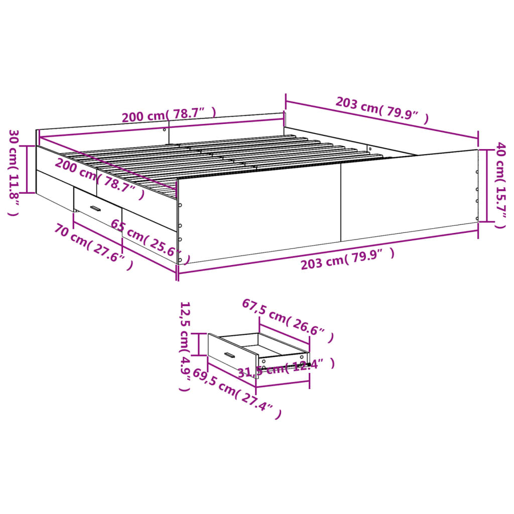 sonoma tölgyszínű szerelt fa ágykeret fiókokkal 200 x 200 cm