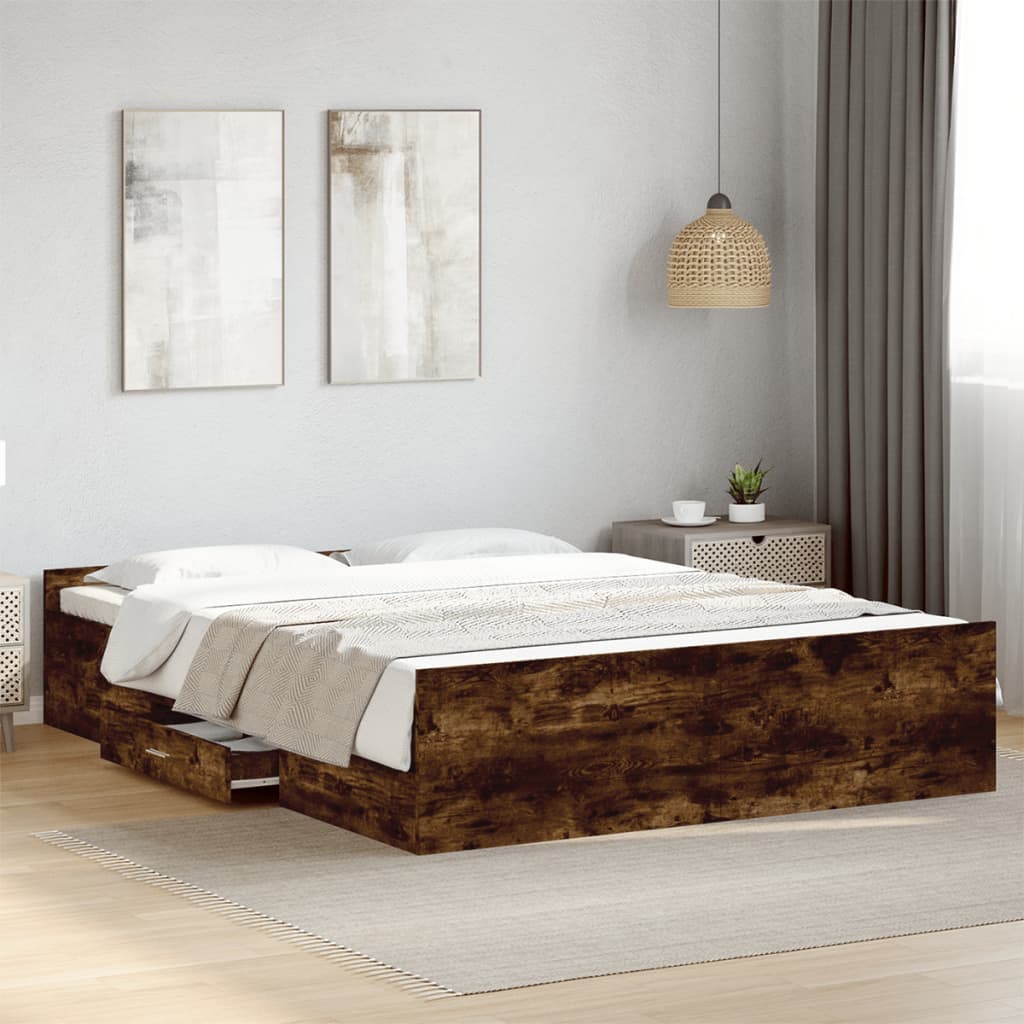 füstös tölgy színű szerelt fa ágykeret fiókokkal 150x200 cm
