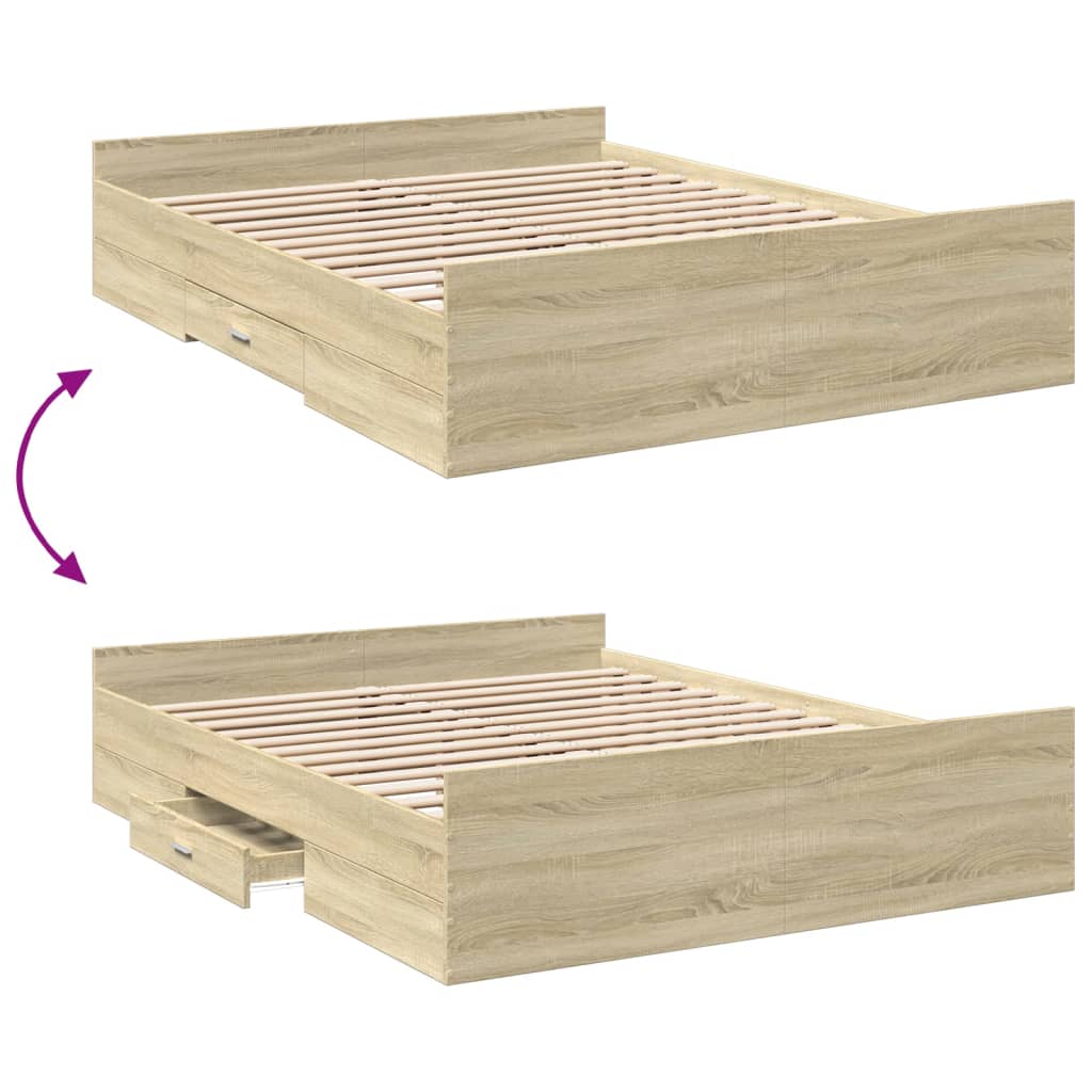 sonoma tölgy színű szerelt fa ágykeret fiókokkal 140x200 cm