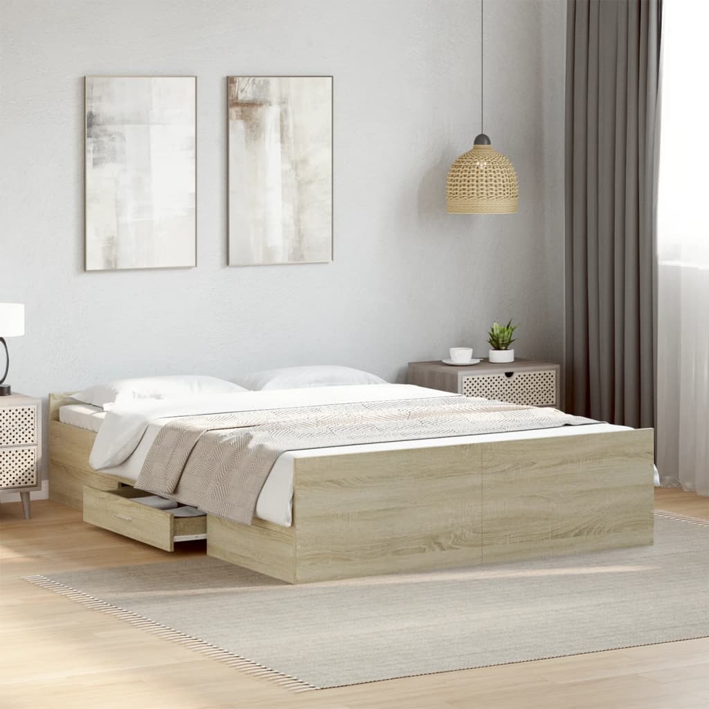 sonoma tölgy színű szerelt fa ágykeret fiókokkal 120 x 190 cm