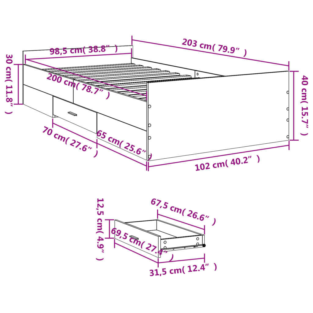 sonoma tölgy színű szerelt fa ágykeret fiókokkal 100 x 200 cm