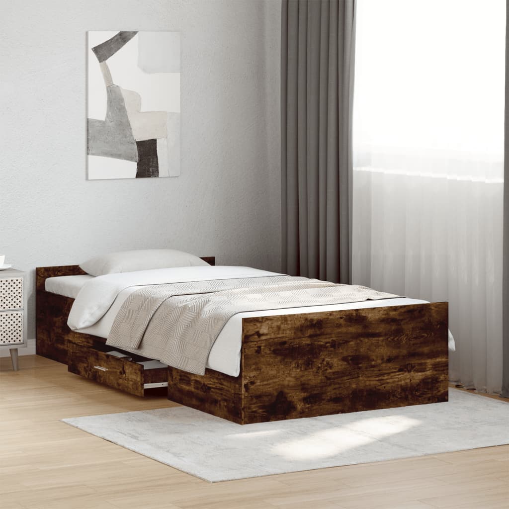 füstös tölgy színű szerelt fa ágykeret fiókokkal 100 x 200 cm