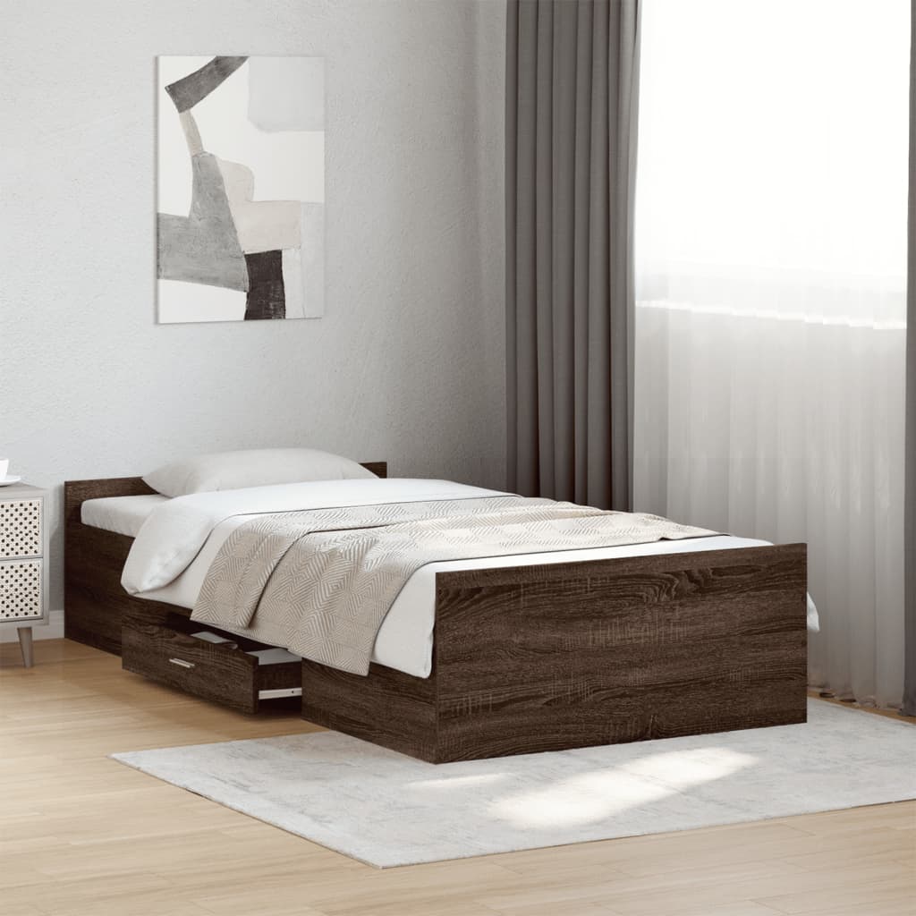 barna tölgyszínű szerelt fa ágykeret fiókokkal 100 x 200 cm