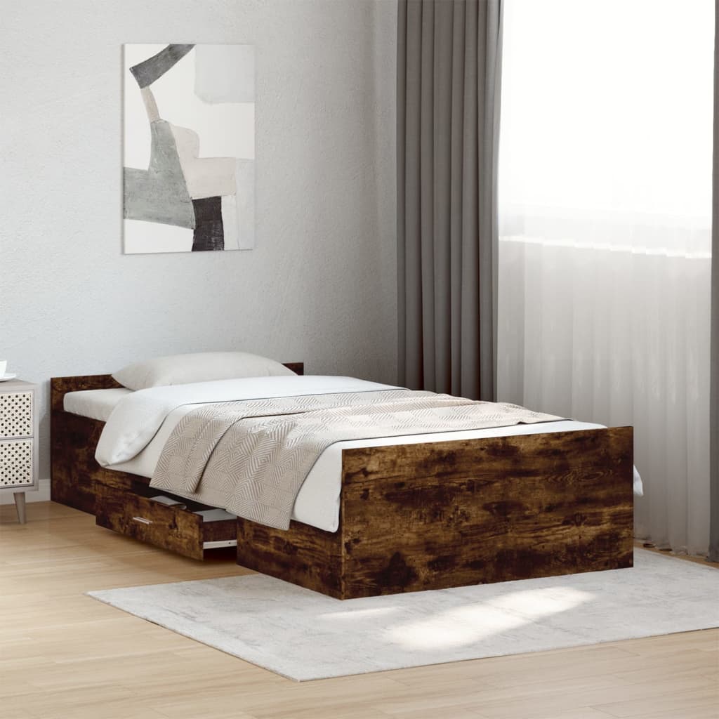 füstös tölgy színű szerelt fa ágykeret fiókokkal 90 x 200 cm