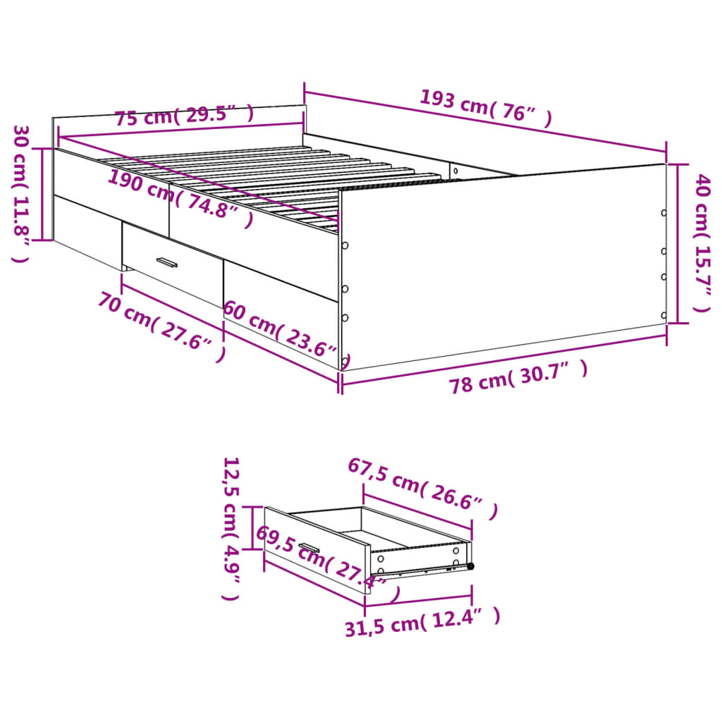 fekete szerelt fa ágykeret fiókokkal 75x190 cm