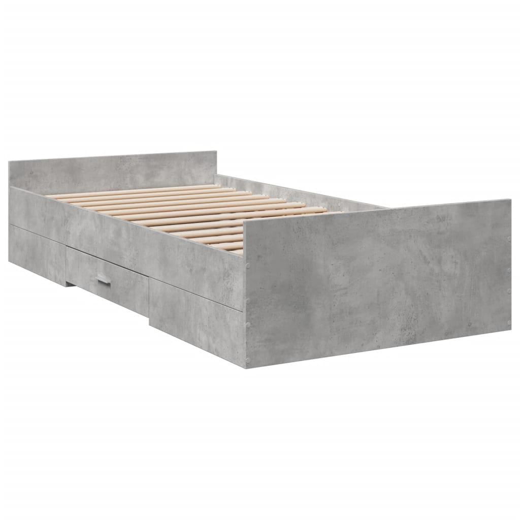 betonszürke szerelt fa ágykeret fiókokkal 75 x 190 cm