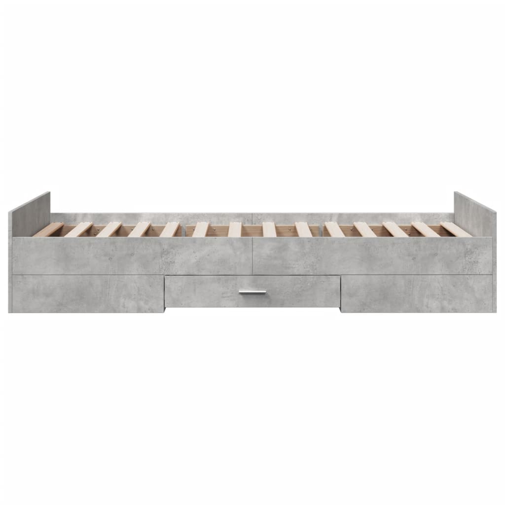 betonszürke szerelt fa ágykeret fiókokkal 75 x 190 cm