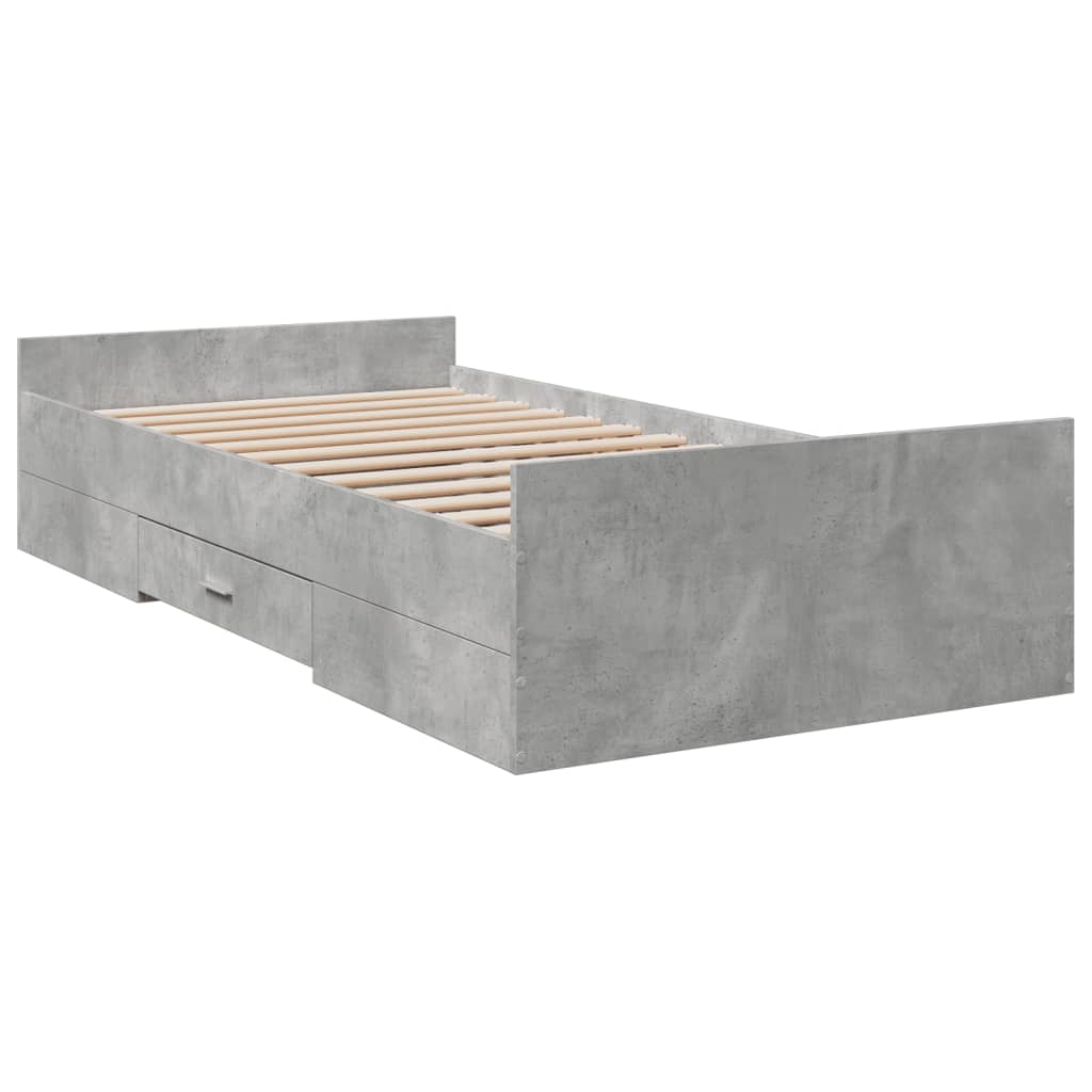 betonszürke szerelt fa ágykeret fiókokkal 75 x 190 cm