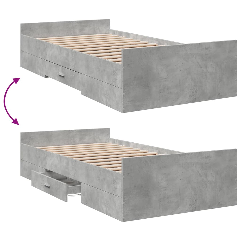 betonszürke szerelt fa ágykeret fiókokkal 75 x 190 cm