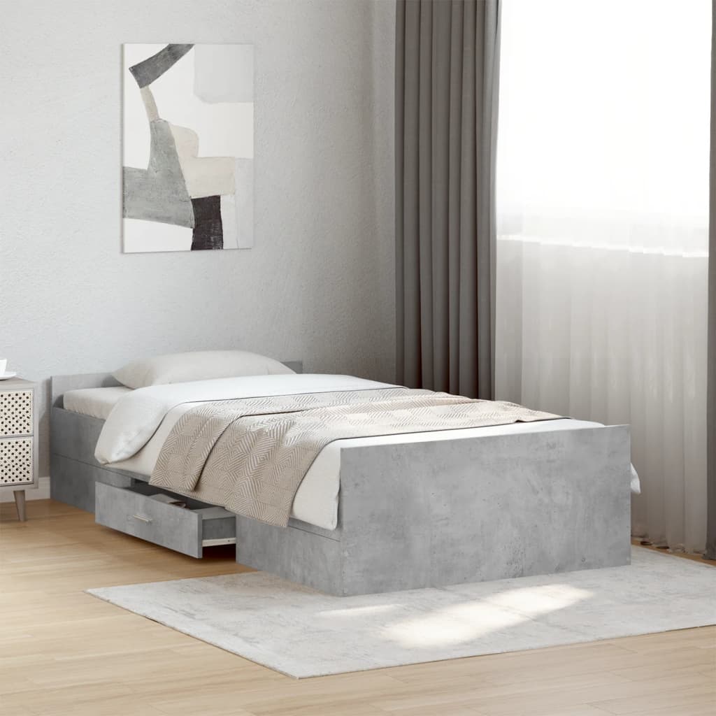 betonszürke szerelt fa ágykeret fiókokkal 75 x 190 cm
