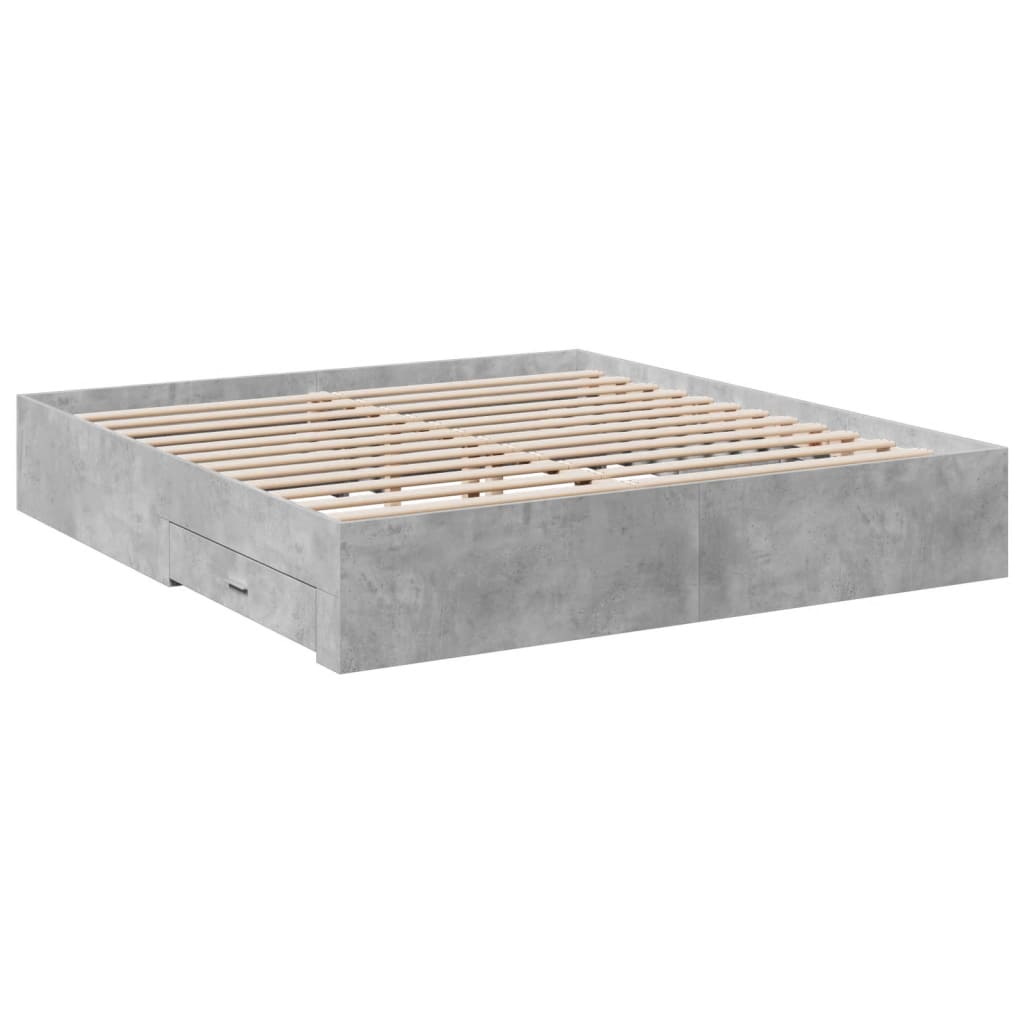 betonszürke szerelt fa ágykeret fiókokkal 200 x 200 cm