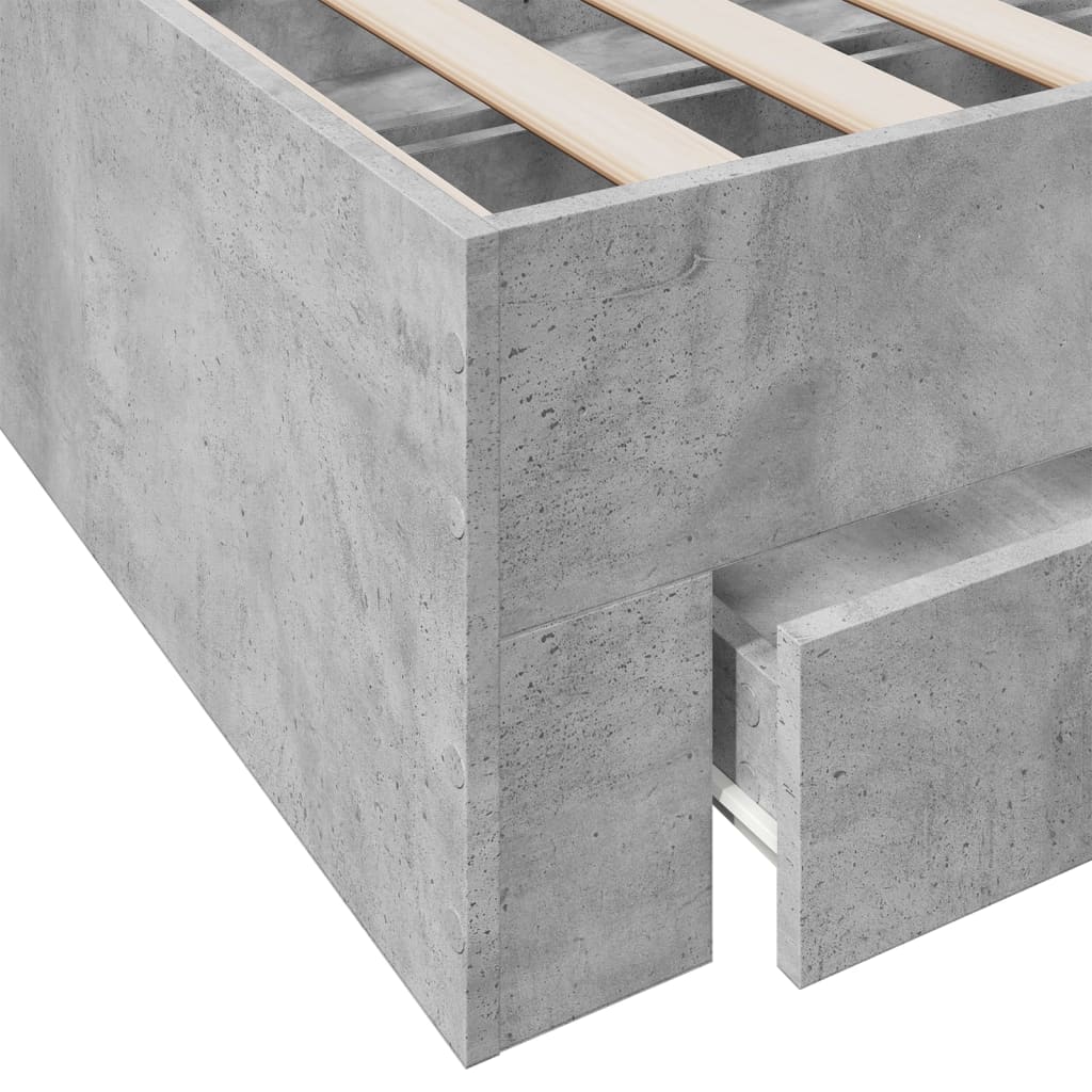 betonszürke szerelt fa ágykeret fiókokkal 200 x 200 cm