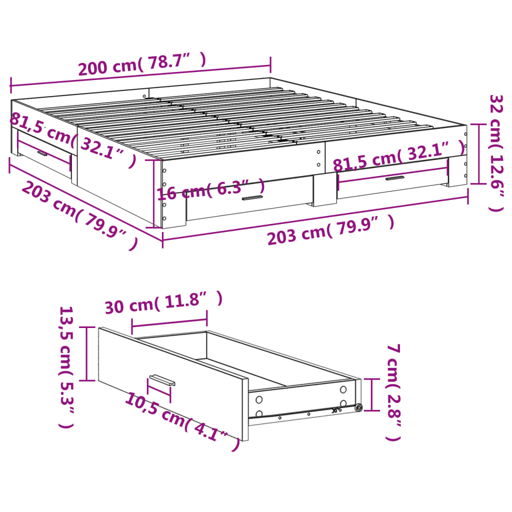betonszürke szerelt fa ágykeret fiókokkal 200 x 200 cm