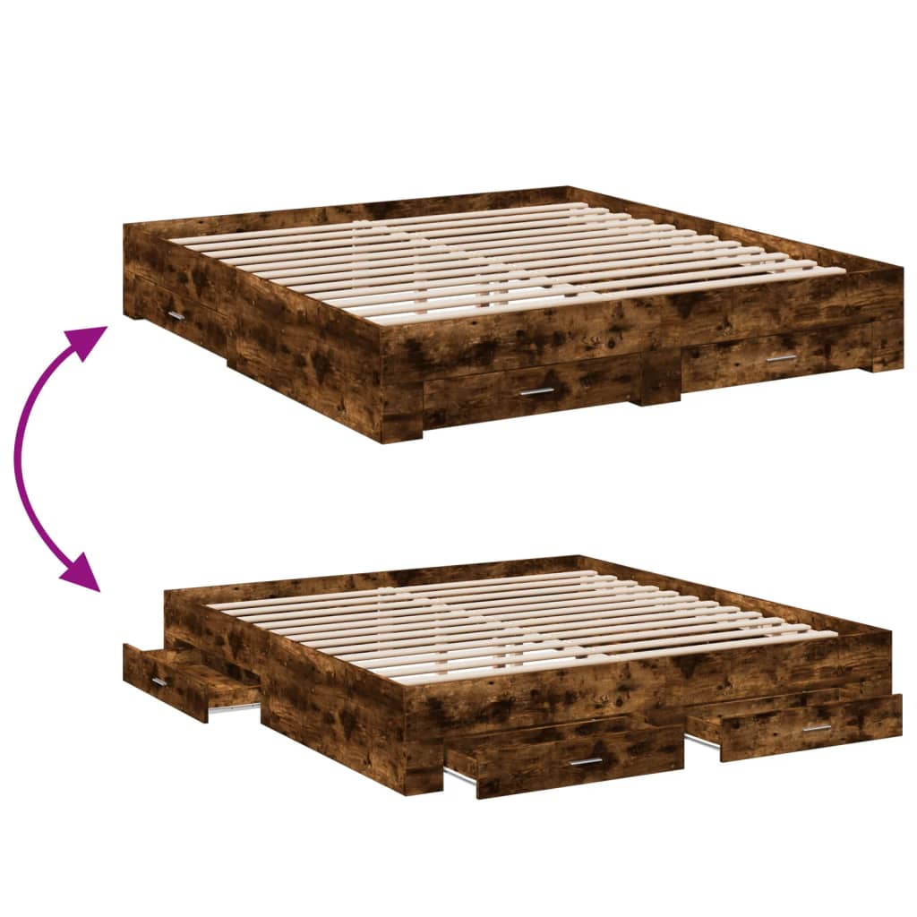 füstös tölgy színű szerelt fa ágykeret fiókokkal 200 x 200 cm