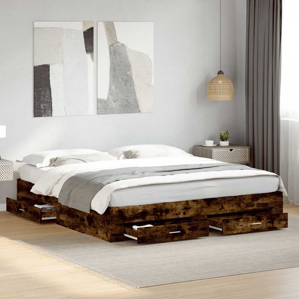 füstös tölgy színű szerelt fa ágykeret fiókokkal 180 x 200 cm
