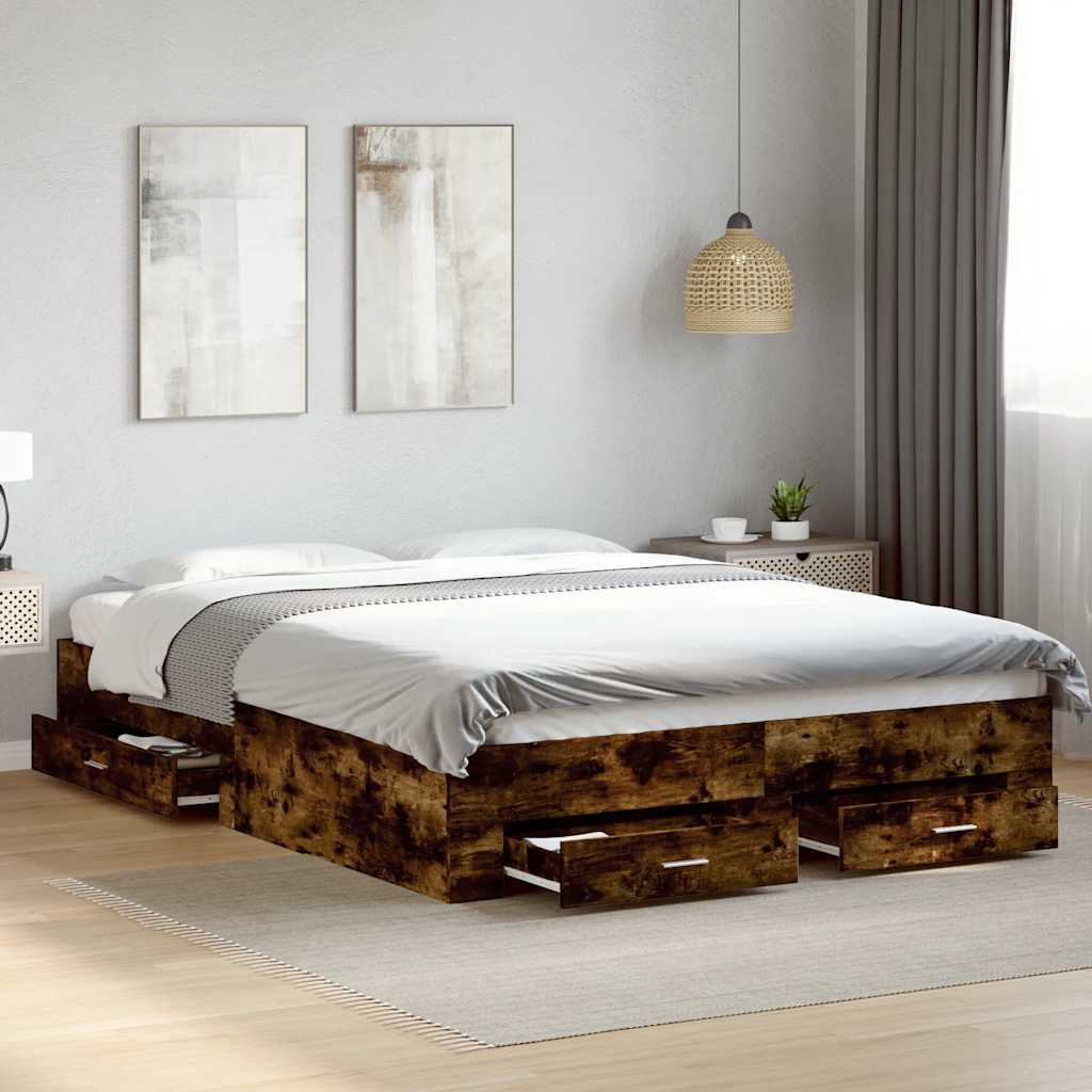 füstös tölgy színű szerelt fa ágykeret fiókokkal 150x200 cm