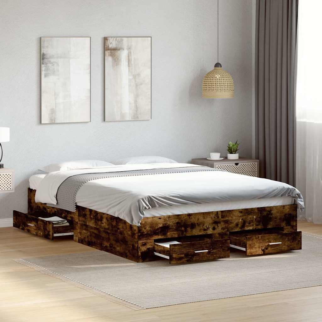 füstös tölgy színű szerelt fa ágykeret fiókokkal 135 x 190 cm