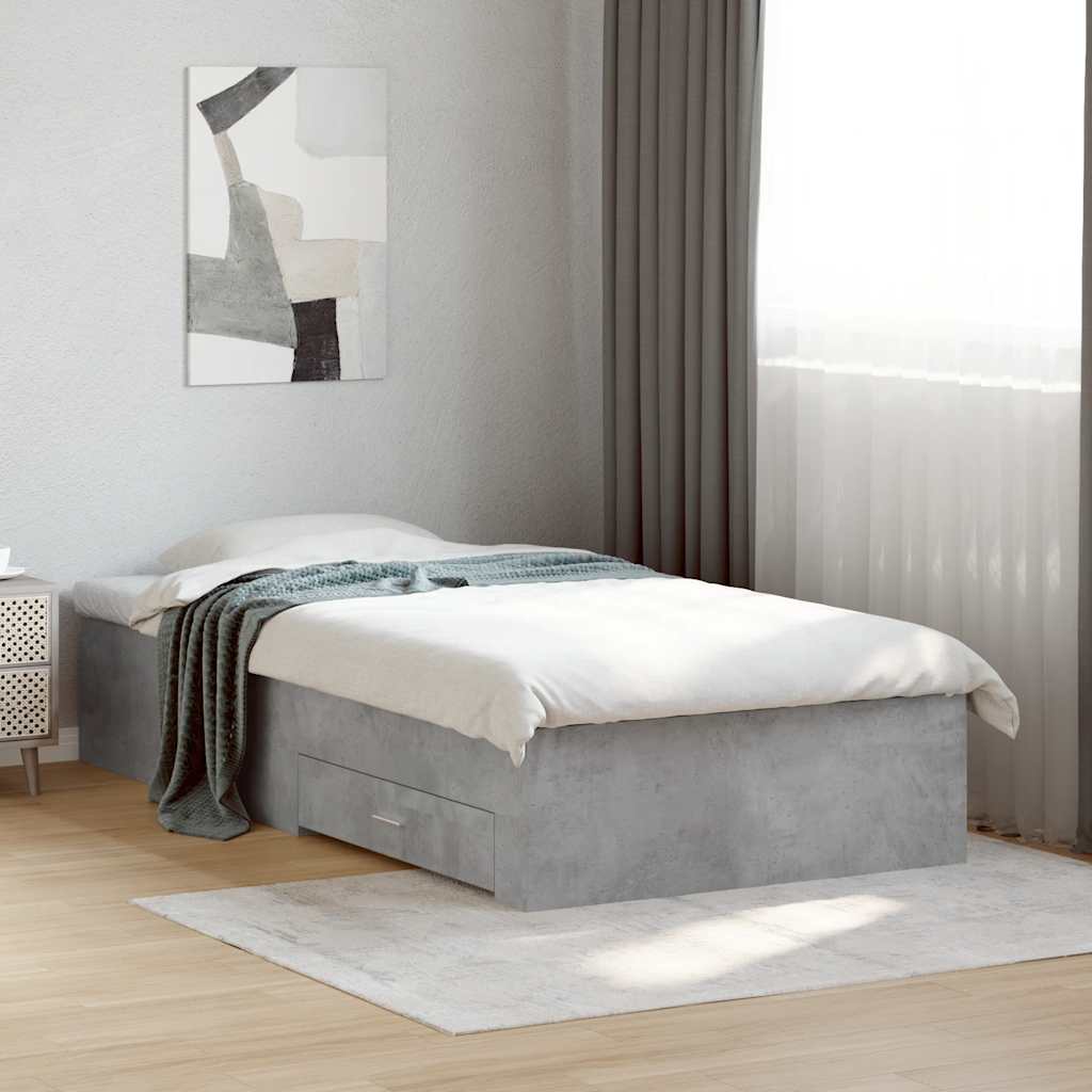 betonszürke szerelt fa ágykeret fiókokkal 75 x 190 cm