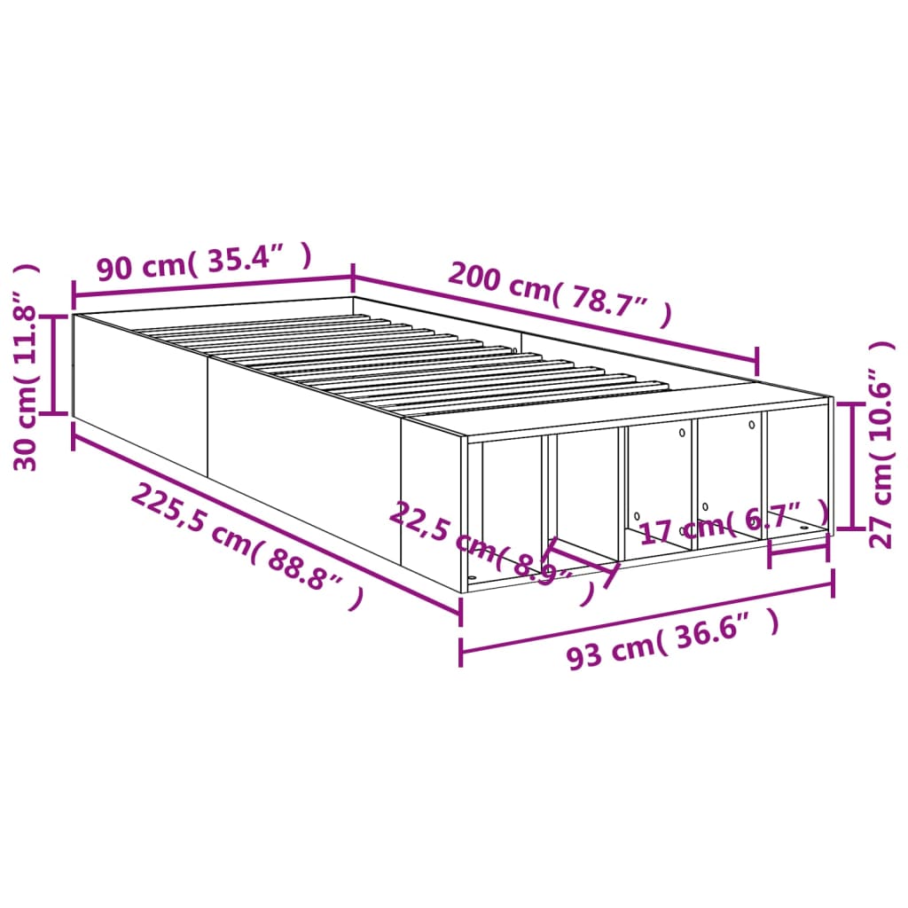füstös tölgy színű szerelt fa ágykeret 90 x 200 cm