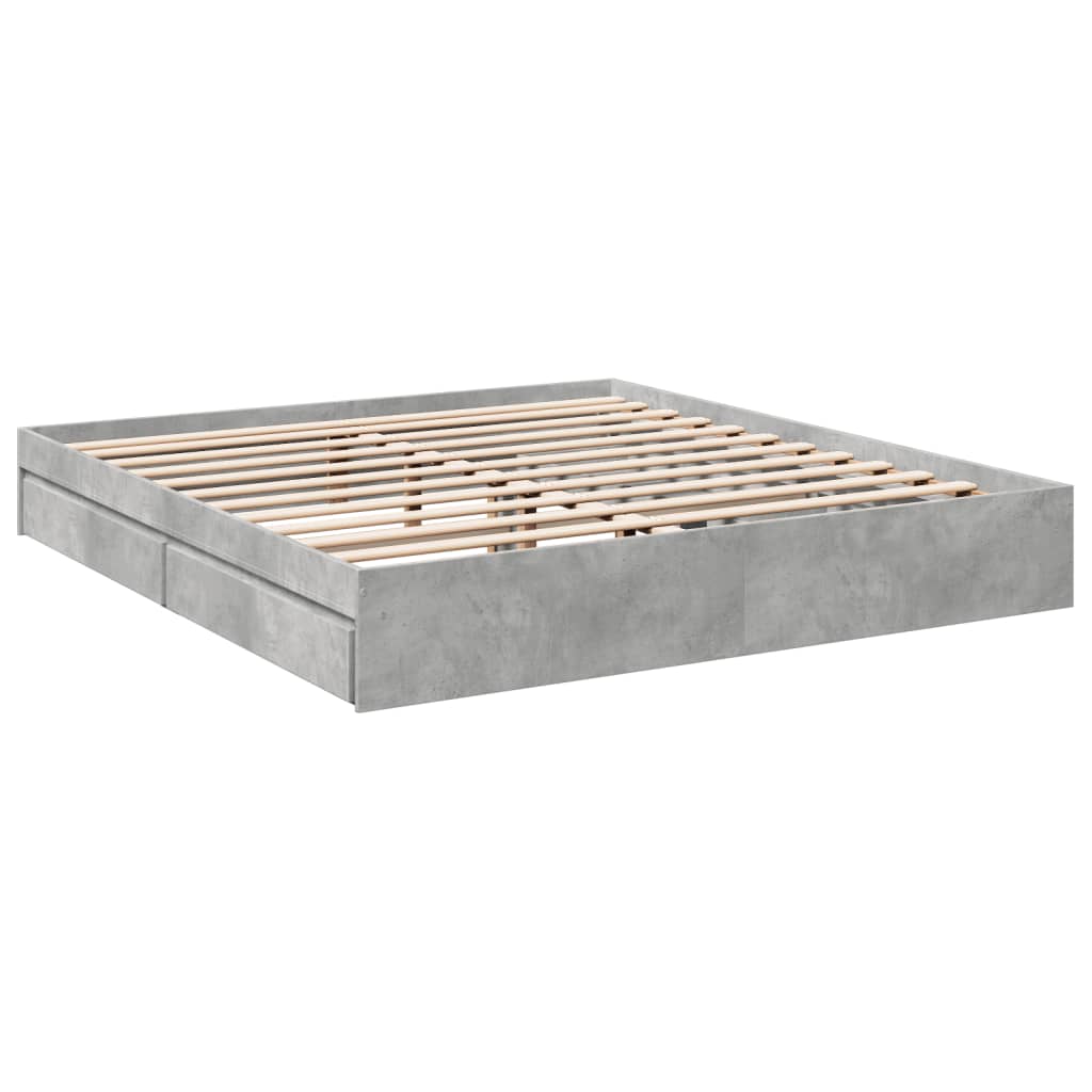 betonszürke szerelt fa ágykeret fiókokkal 200 x 200 cm