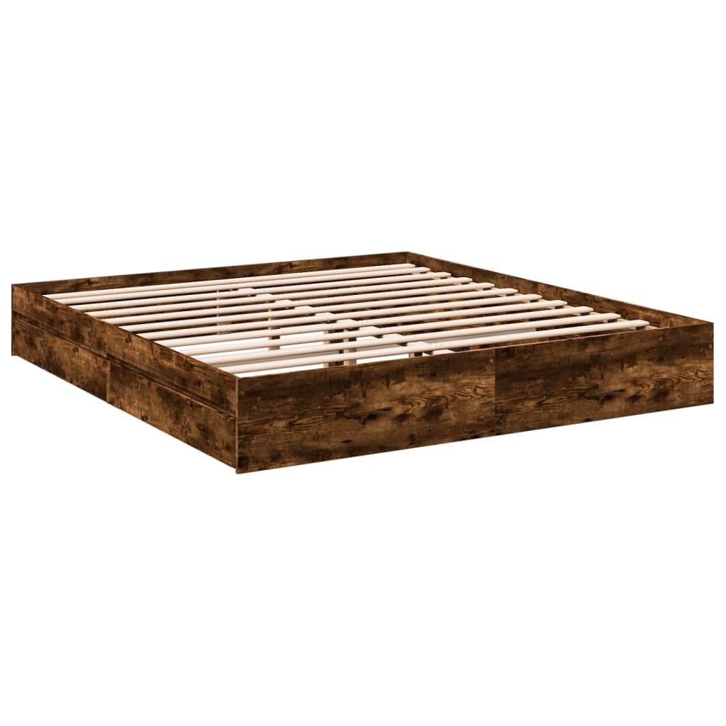 füstös tölgy színű szerelt fa ágykeret fiókokkal 200 x 200 cm